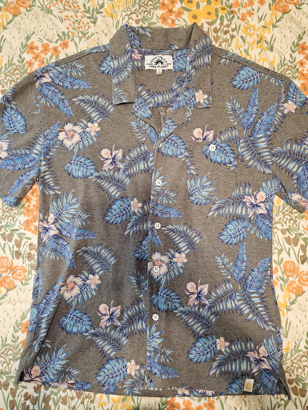 Free Planet Gray Hawaiian Shirt with Blue Floral Print
